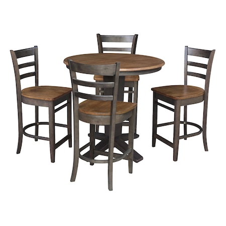 International Concepts 36 in. Solid Wood Round Extension Dining Table with 4 Counter Height Stools in Hickory/Washed Coal K45-36RXT-23-S6172-4